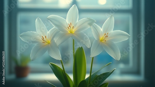 White lilies, windowsill, sunlight, spring, home decor