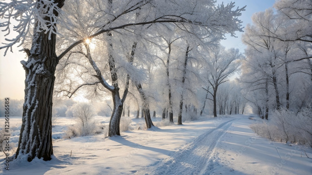 Obraz premium Magical Winter Wonderland with Frosted Trees and Soft Sunlight