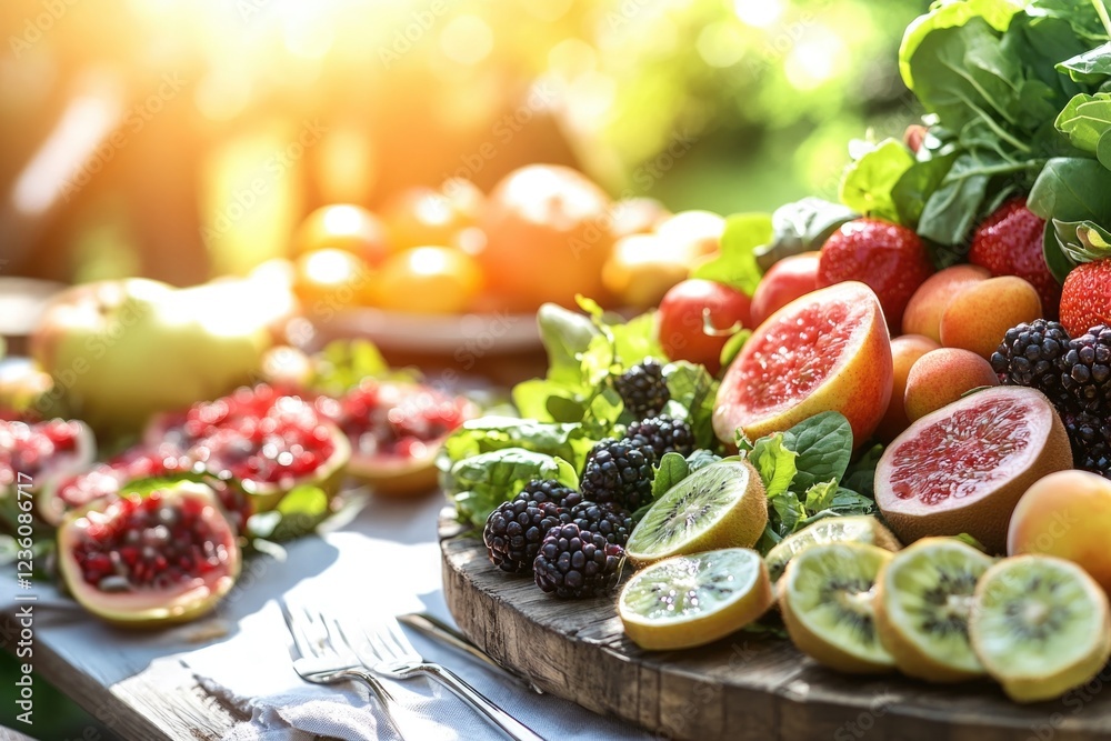 Colorful array of fresh fruits and vegetables on a wooden table