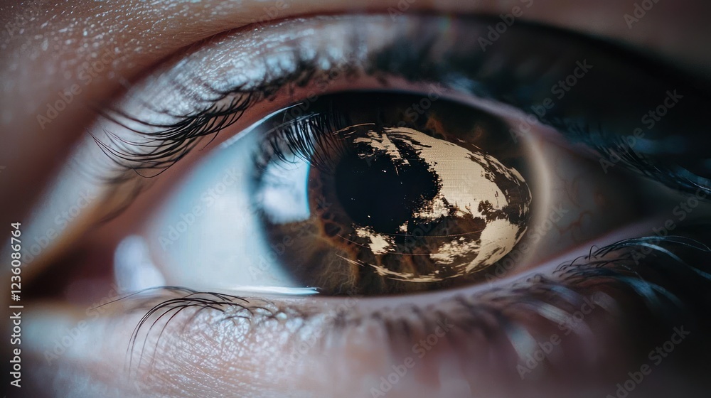 Naklejka premium Close Up of a Brown Eye with World Reflection