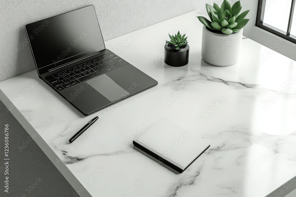 Fototapeta premium Minimalist Office Desk: A clean, modern workspace with a laptop, a sleek notebook, a stylish pen, and a potted succulent on a marble or white surface. i