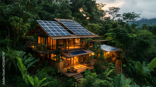 A sustainable eco-house with solar panels and natural landscaping, designed to minimize energy consumption while harmonizing with the environment. photo