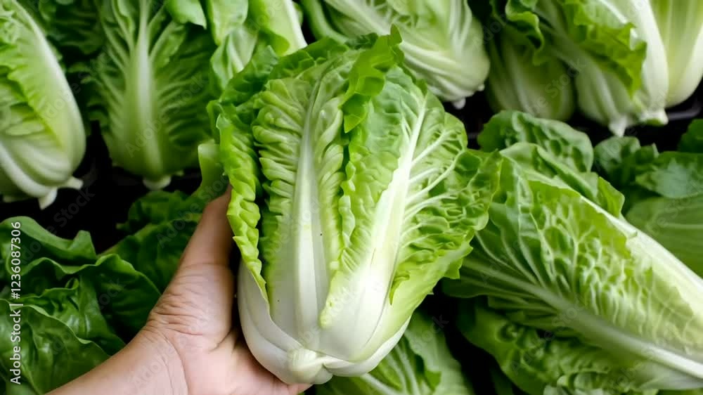 A close-up of a hand holding fresh napa cabbage, ideal for Asian cuisine and Lunar New Year celebrations A close-up of a hand holding fresh napa cabbage, ideal for Asian cuisine and Lunar New Year celebrations