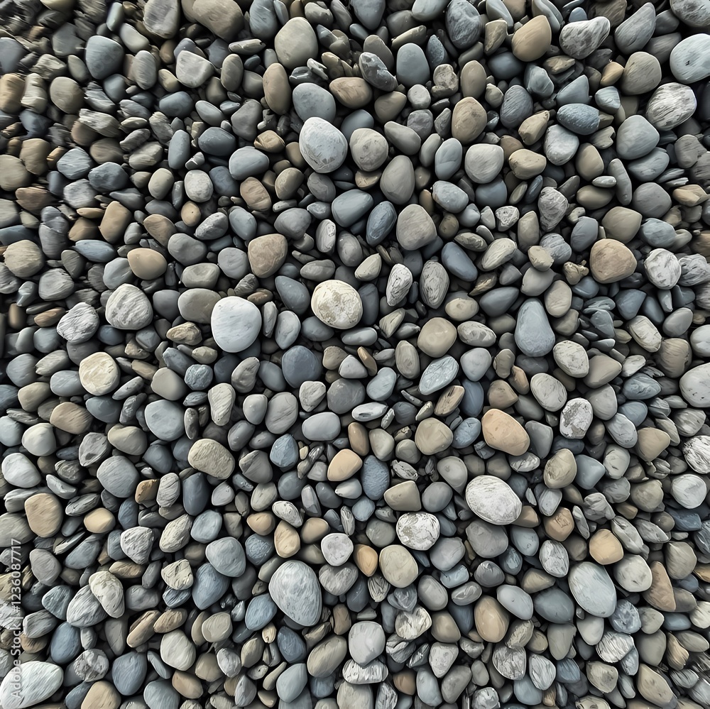 Various sizes of smooth pebbles collected from a riverbed on a sunny day. Generative AI