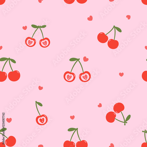 Seamless pattern of cherry fruit with green leaves and small hearts on pink background vector.