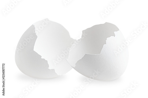 Two halves of broken empty natural eggshell of chicken or hen isolated on white background is outer organic covering of avian egg full of calcium used for breakfast for protein or in baking culinary photo