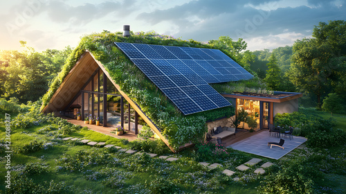 A sustainable eco-house with solar panels and natural landscaping, designed to minimize energy consumption while harmonizing with the environment.