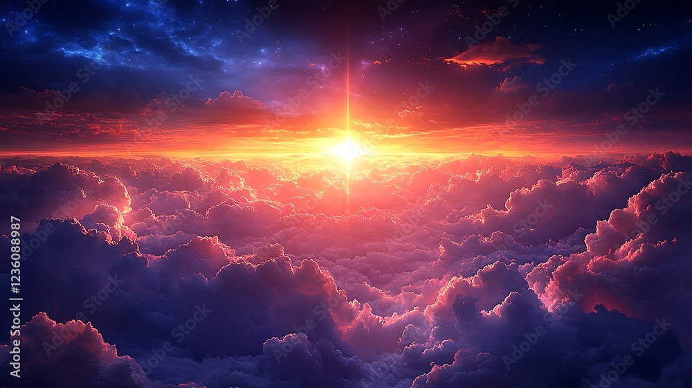 Fototapeta premium A cross glowing against a backdrop of storm clouds and sunlight breaking through.