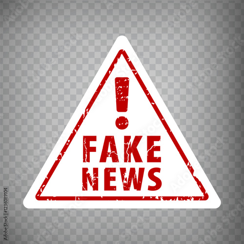 White triangle with red exclamation mark and word Fake News on transparent background.  Grunge rubber triangle warning.  Vector illustration EPS10. 