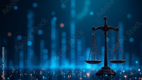 Digital scales of justice  cybersecurity concept  glowing blue particles  futuristic legal technology