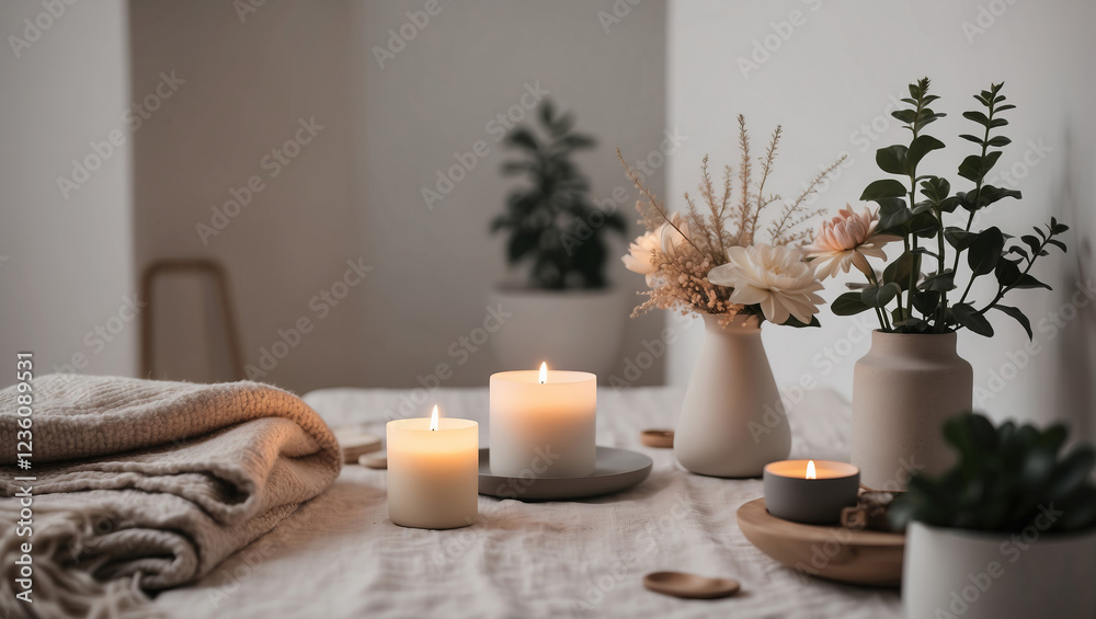 Fototapeta premium Relaxing atmosphere created by lit candles and fresh flowers in a cozy indoor setting