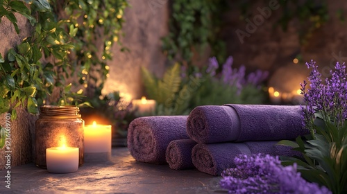 A serene and cozy spa retreat in an outdoor garden setting at dusk with lavender flowers lit candles and plush towels creating a calming and rejuvenating atmosphere for relaxation and self care photo