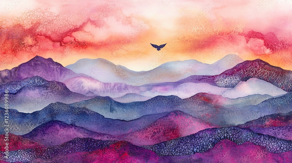 Fototapeta Watercolor sunset, bird flying over purple mountains, calming landscape art print