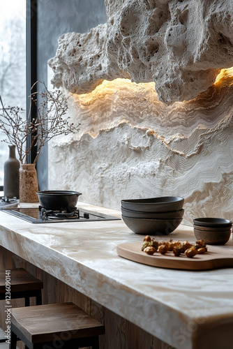 Modern minimalist kitchen with textured stone wall and natural elements