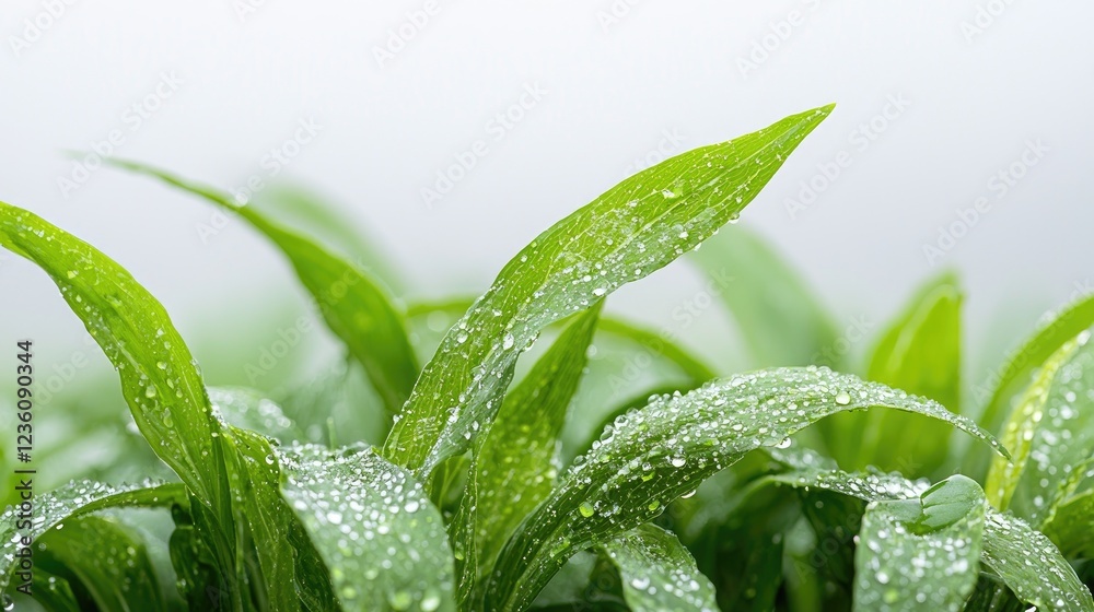Fototapeta premium Dew-covered plants, close-up, outdoor, blurred background; nature website
