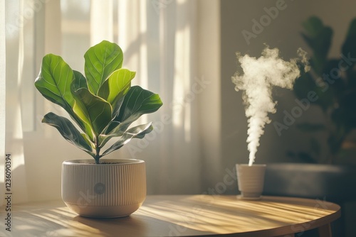 Air humidifier on the table at home, water steam direction to a houseplant - Ficus lyrate. Ultrasonic technology, comfortable living conditions, moisture increase in the apartment photo