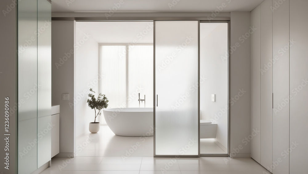Fototapeta premium Modern bathroom design featuring a freestanding tub and sliding glass doors in a minimalist interior space