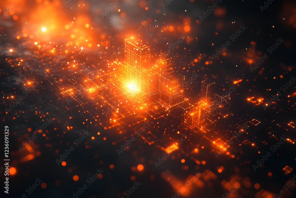 Fototapeta premium Futuristic Digital Cityscape with Glowing Orange Network Connectivity Concept