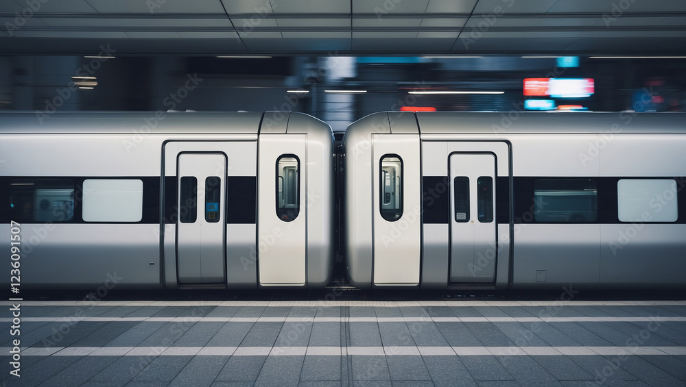 Obraz premium Silver train cars at a modern station showcasing urban transportation in a bustling city