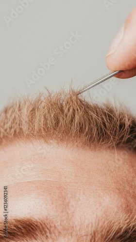 Close up of a person s scalp being examined for hair loss treatment, showcasing emotions related to confidence and concern for hair restoration photo