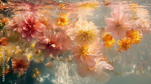 Wallpaper Mural Flowers in clear water, creating a serene and artistic atmosphere, ideal for use in floral design, nature photography, or wellness content, fashion banner Torontodigital.ca