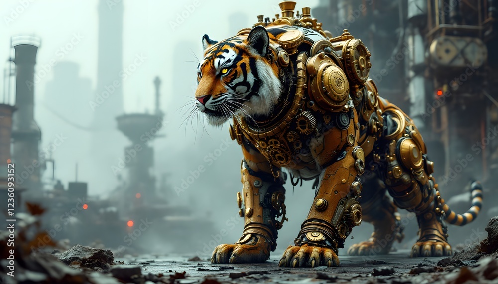 Steampunk Tiger Robot in Post Apocalyptic Cityscape Steampunk Tiger Robot in Post Apocalyptic Cityscape