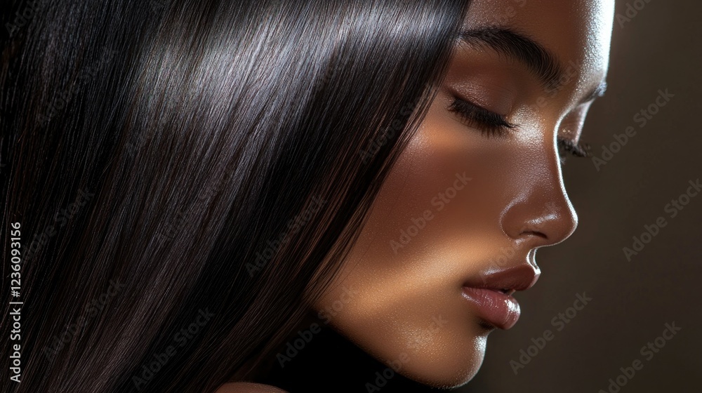 A close-up shot of a woman with long black hair, looking straight into the camera A close-up shot of a woman with long black hair, looking straight into the camera