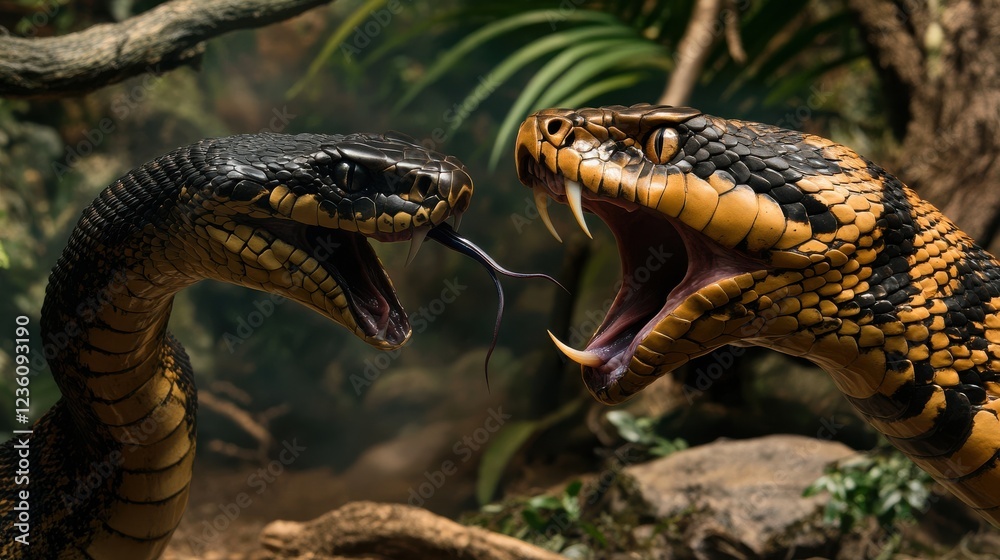 Obraz premium Intense Encounter Between Two Exotic Snakes in Lush Jungle Setting