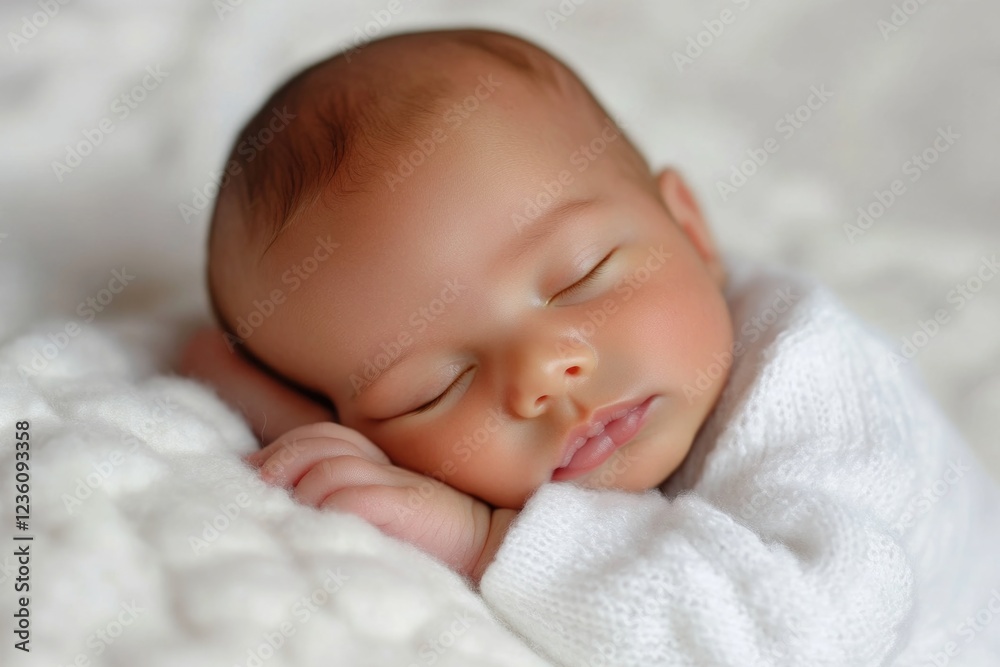 A baby sleeps peacefully on a soft white blanket A baby sleeps peacefully on a soft white blanket
