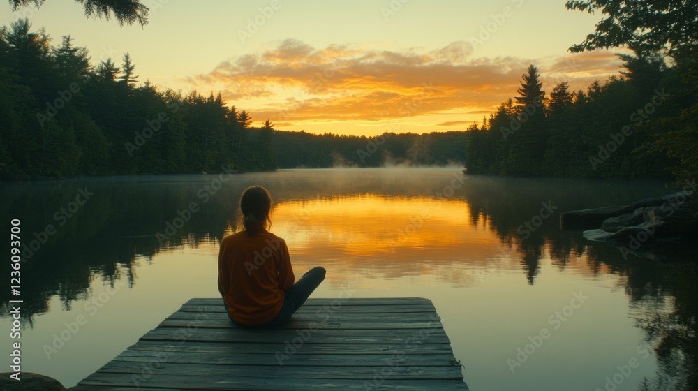 Woman meditating by a tranquil lake at sunrise Woman meditating by a tranquil lake at sunrise