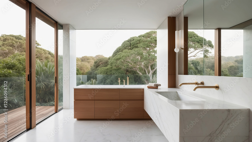 Modern bathroom with large windows showcasing a view of lush greenery, highlighting minimalist design in natural light Modern bathroom with large windows showcasing a view of lush greenery, highlighting minimalist design in natural light