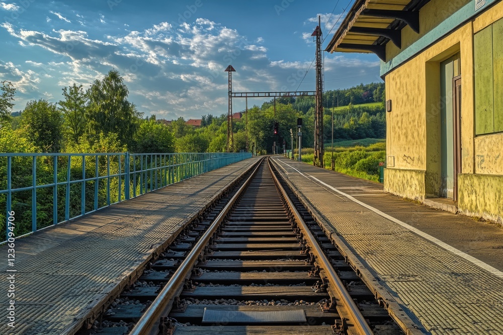 Fototapeta premium Train track and station platform with trains passing by