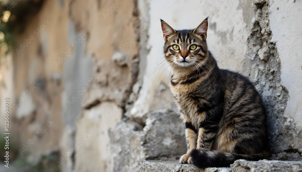 Striped Cat Sitting on Stone Wall Outdoor Photo Striped Cat Sitting on Stone Wall Outdoor Photo