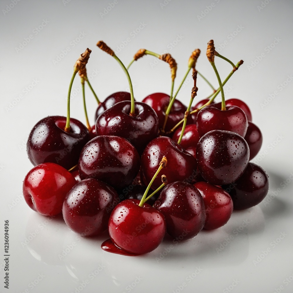 A collection of ripe cherries with deep red hues, set against a clean white background. A collection of ripe cherries with deep red hues, set against a clean white background.