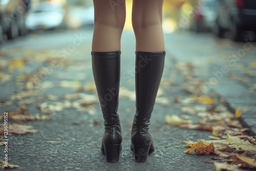 A woman's legs are shown from the knees down, wearing black boots