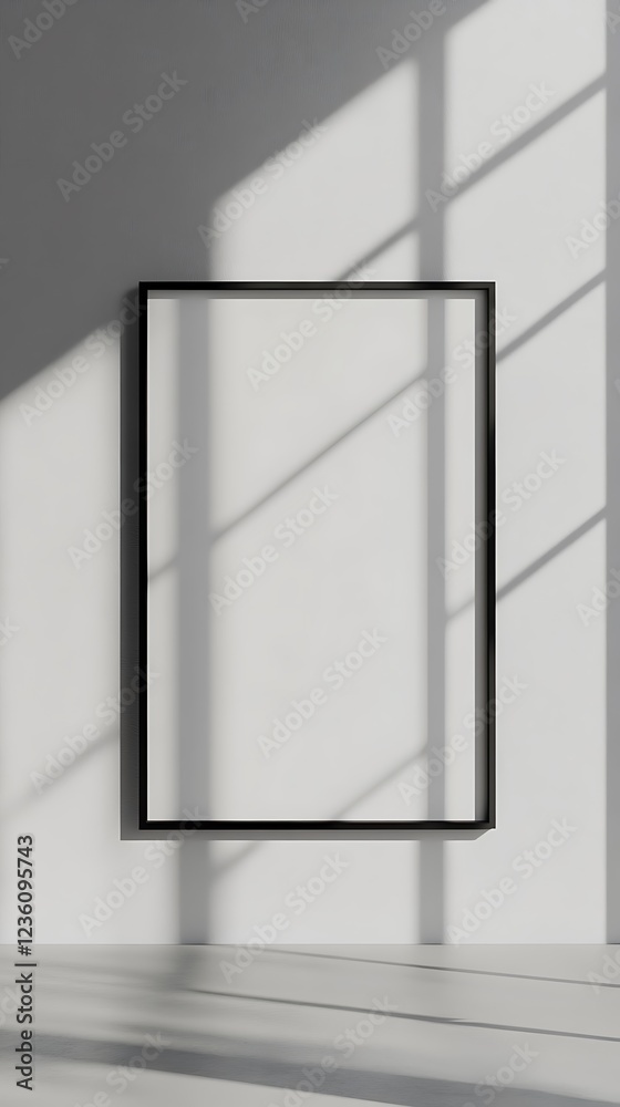 A blank black frame casts shadows on a minimalist wall, emphasizing space and simplicity. A blank black frame casts shadows on a minimalist wall, emphasizing space and simplicity.