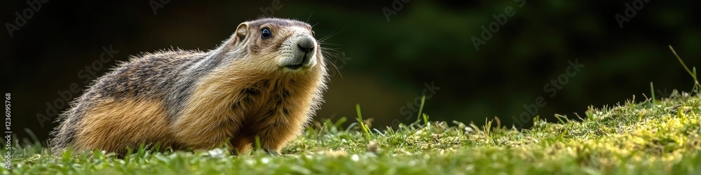 Fototapeta premium A ground squirrel sitting on top of a vibrant green meadow, surrounded by nature