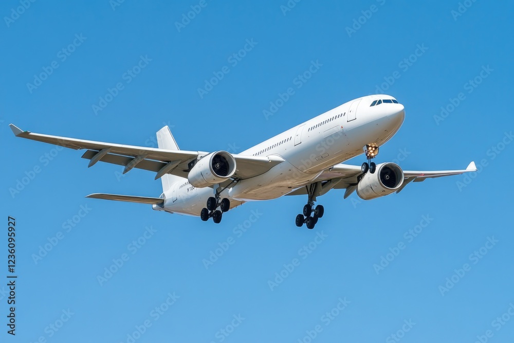 A commercial airliner soaring through a clear blue sky with no clouds in sight A commercial airliner soaring through a clear blue sky with no clouds in sight