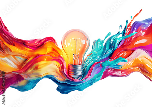Creative Idea Lightbulb Surrounded by Colorful Paint Splashes on a transparent background 