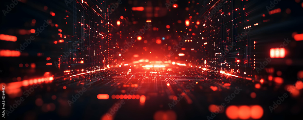 Fototapeta premium Abstract digital landscape with glowing red lines and data streams in motion
