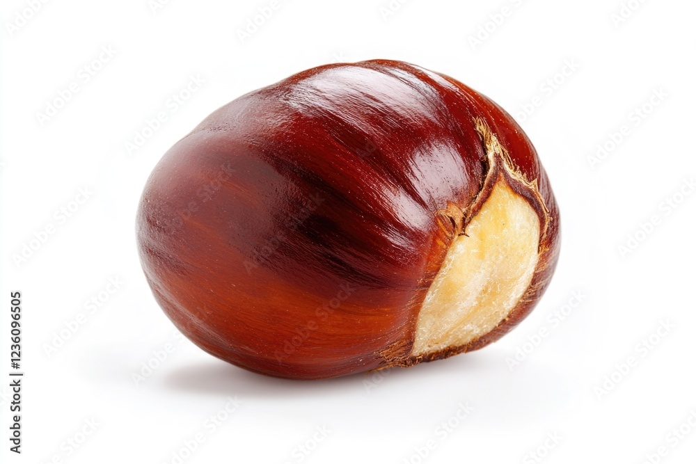 A single peeled chestnut sits on a plain white surface