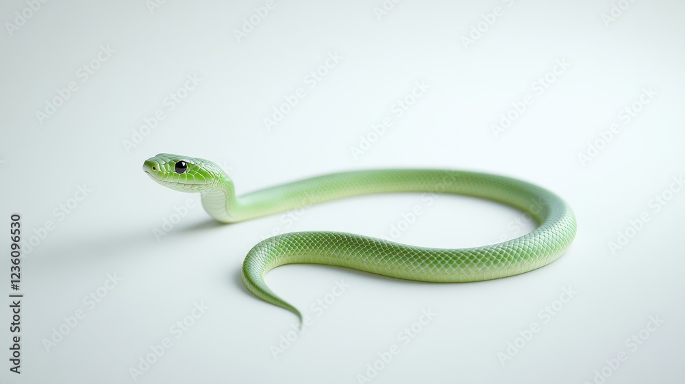 Obraz premium Green Snake on White Background in Natural Pose and Calm Position