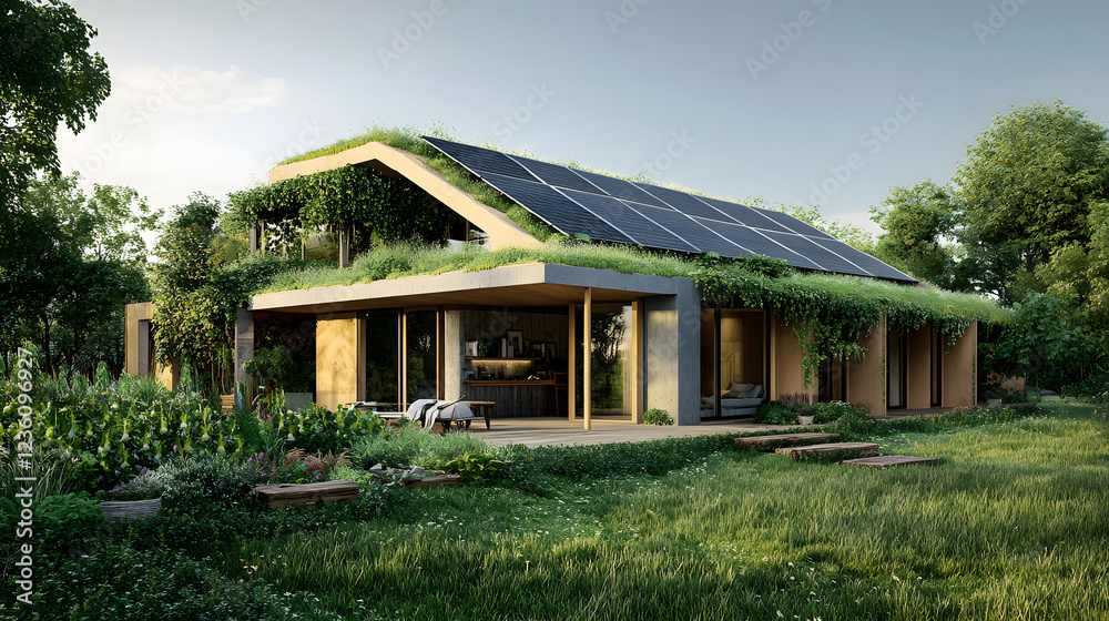 A sustainable home designed with solar panels, green roofs, and a permaculture garden, focusing on minimizing environmental impact. A sustainable home designed with solar panels, green roofs, and a permaculture garden, focusing on minimizing environmental impact.