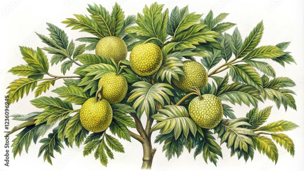 Fototapeta premium A Detailed Botanical Illustration of a Breadfruit Tree with Multiple Green Fruits and Lush Foliage