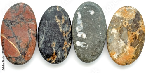 A collection of four differently colored rocks placed on a white background