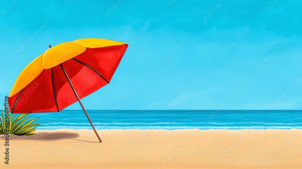 Red And Yellow Beach Umbrella On Sandy Shore Under Clear Blue Sky Red And Yellow Beach Umbrella On Sandy Shore Under Clear Blue Sky
