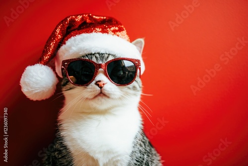 A feline friend dressed up for the holiday season with stylish shades and a festive hat