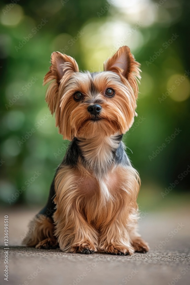 A small brown and black dog is sitting on the ground, looking up A small brown and black dog is sitting on the ground, looking up