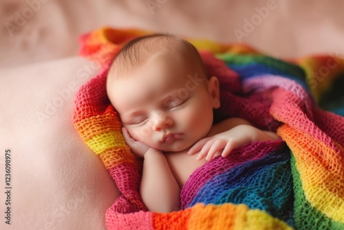 A cozy moment with a newborn baby swaddled in a vibrant rainbow blanket, suitable for lifestyle and family photography photo