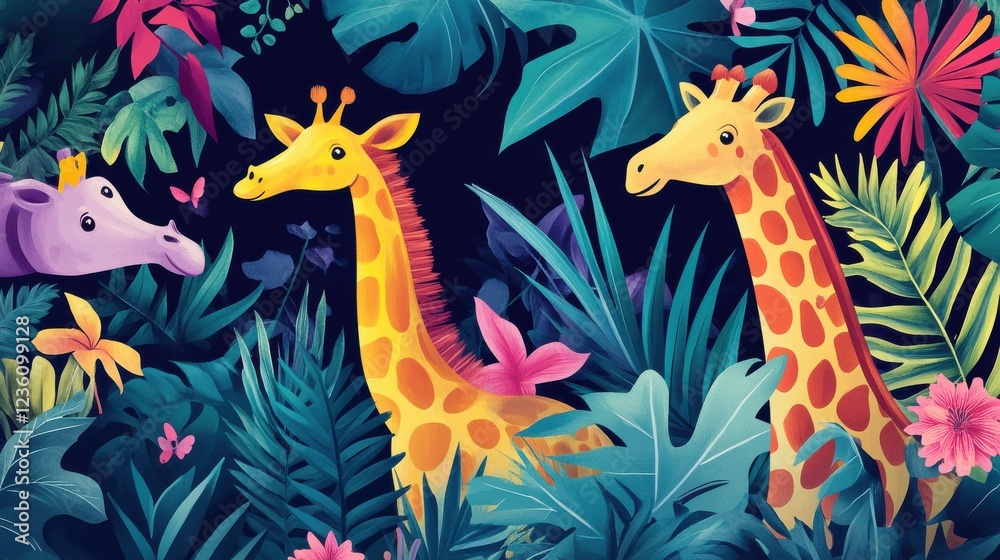 Fototapeta premium Colorful Giraffes Among Tropical Plants and Flowers in Forest Scene